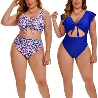 2 Packs Women's Plus Size Swimsuits, Cut Out Shirring Swimsuit & Pattern Drawstring Swimsuit Sets