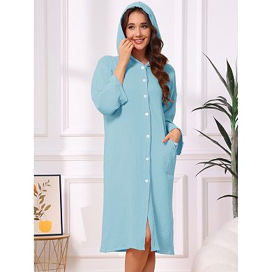Women's Bathrobe Wearable Hooded Button Down Robe with Pocket Cotton Mid-Length Pajama Robe