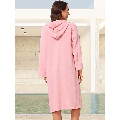 Women's Bathrobe Wearable Hooded Button Down Robe with Pocket Cotton Mid-Length Pajama Robe
