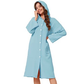 Women's Bathrobe Wearable Hooded Button Down Robe with Pocket Cotton Mid-Length Pajama Robe