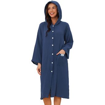 Women's Bathrobe Wearable Hooded Button Down Robe with Pocket Cotton Mid-Length Pajama Robe
