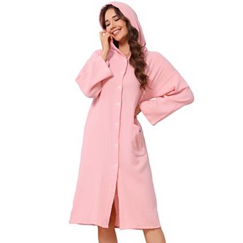 Women's Bathrobe Wearable Hooded Button Down Robe with Pocket Cotton Mid-Length Pajama Robe