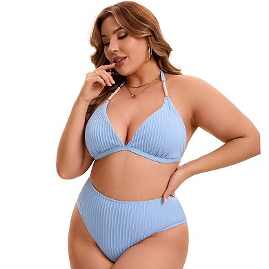 2 Packs Women's Plus Size Bikini Set, Halter Triangle Top Swimsuits & Floral Printed Bathing Suit