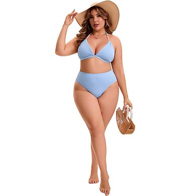 2 Packs Women's Plus Size Bikini Set, Halter Triangle Top Swimsuits & Floral Printed Bathing Suit