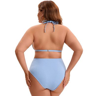 2 Packs Women's Plus Size Bikini Set, Halter Triangle Top Swimsuits & Floral Printed Bathing Suit