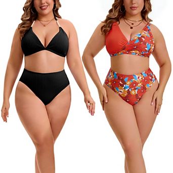 2 Packs Women's Plus Size Bikini Set, Halter Triangle Top Swimsuits & Floral Printed Bathing Suit