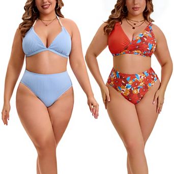2 Packs Women's Plus Size Bikini Set, Halter Triangle Top Swimsuits & Floral Printed Bathing Suit