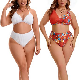 2 Packs Women's Plus Size Bikini Set, Halter Triangle Top Swimsuits & Floral Printed Bathing Suit