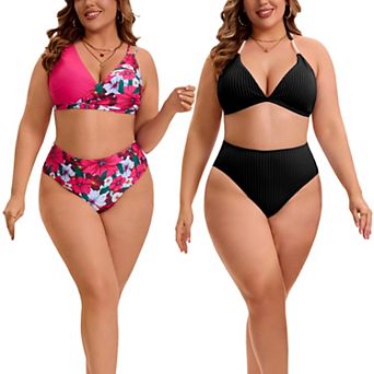 2 Packs Women's Plus Size Bikini Set, Halter Triangle Top Swimsuits & Floral Printed Bathing Suit
