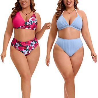 2 Packs Women's Plus Size Bikini Set, Halter Triangle Top Swimsuits & Floral Printed Bathing Suit