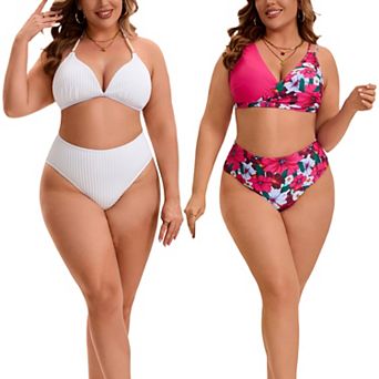 2 Packs Women's Plus Size Bikini Set, Halter Triangle Top Swimsuits & Floral Printed Bathing Suit