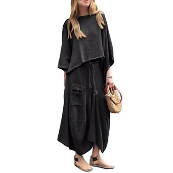 Women's Linen Blend 2 pc Outfit Oversized Crop Top & Wide Leg Pants Set