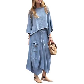 Women's Linen Blend 2 pc Outfit Oversized Crop Top & Wide Leg Pants Set