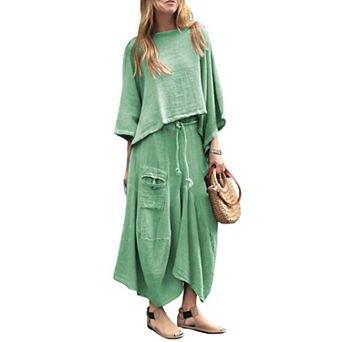Women's Linen Blend 2 pc Outfit Oversized Crop Top & Wide Leg Pants Set