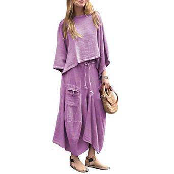 Women's Linen Blend 2 pc Outfit Oversized Crop Top & Wide Leg Pants Set
