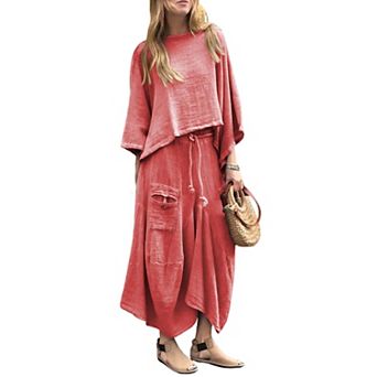 Women's Linen Blend 2 pc Outfit Oversized Crop Top & Wide Leg Pants Set