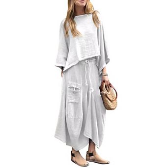 Women's Linen Blend 2 pc Outfit Oversized Crop Top & Wide Leg Pants Set