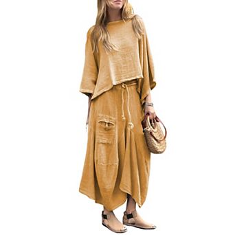 Women's Linen Blend 2 pc Outfit Oversized Crop Top & Wide Leg Pants Set