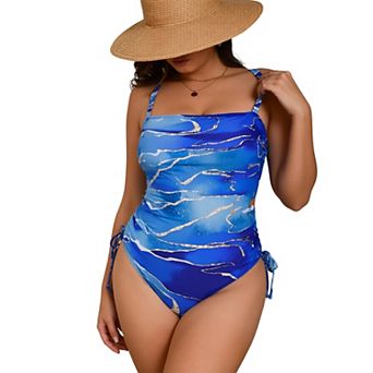 Women's Marble Swirl One‑Piece Swimsuit - Square Neck Side Drawstring Adjustable Strap Swimwear