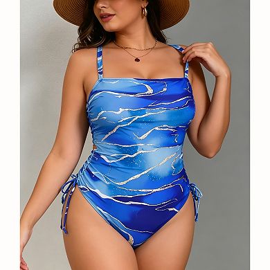 Women's Marble Swirl One‑Piece Swimsuit - Square Neck Side Drawstring Adjustable Strap Swimwear