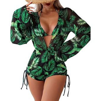 Women's Tropical Print 3 pc Bikini Set - Halter Triangle Bikini with Long Sleeve Cover‑Up Romper