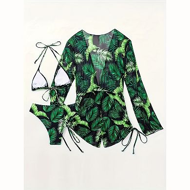 Women's Tropical Print 3‑Piece Bikini Set - Halter Triangle Bikini with Long Sleeve Cover‑Up Romper