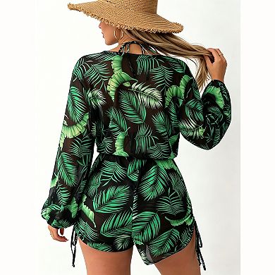 Women's Tropical Print 3‑Piece Bikini Set - Halter Triangle Bikini with Long Sleeve Cover‑Up Romper