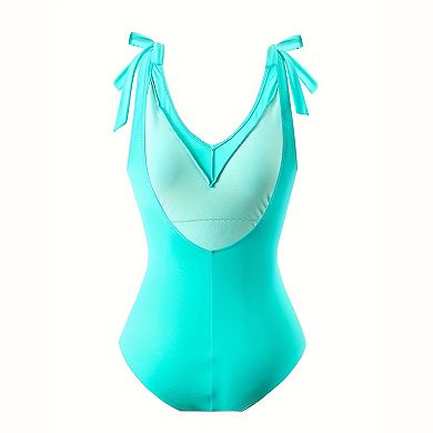 Women's Printed One‑Piece Swimsuit with Wrap Skirt - Bow Straps V Neck Cover‑Up Set