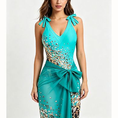 Women's Printed One‑Piece Swimsuit with Wrap Skirt - Bow Straps V Neck Cover‑Up Set