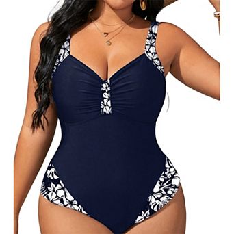 Women's Floral Contrast One‑Piece Swimsuit - Ruched V‑Neck Adjustable Strap Tummy Control Swimwear