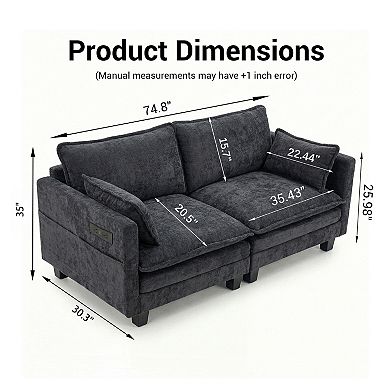Modern Chenille Loveseat Sofa with Dual USB Charging Ports and Side Pockets