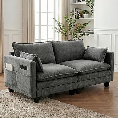 Modern Chenille Loveseat Sofa with Dual USB Charging Ports and Side Pockets
