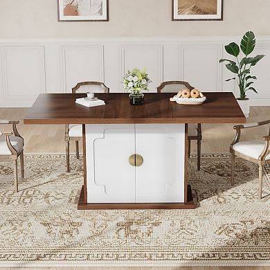 63" Walnut Dining Table for 4-6, Rectangular Pedestal Base w/ Storage Shelves, 63x35.4x30"