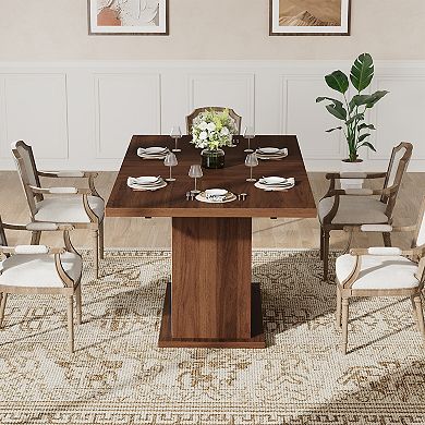 63" Walnut Dining Table for 4-6, Rectangular Pedestal Base w/ Storage Shelves, 63x35.4x30"