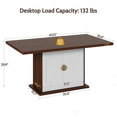 63" Walnut Dining Table for 4-6, Rectangular Pedestal Base w/ Storage Shelves, 63x35.4x30"
