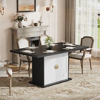63" Walnut Dining Table for 4-6, Rectangular Pedestal Base w/ Storage Shelves, 63x35.4x30"