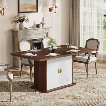 63" Walnut Dining Table for 4-6, Rectangular Pedestal Base w/ Storage Shelves, 63x35.4x30"