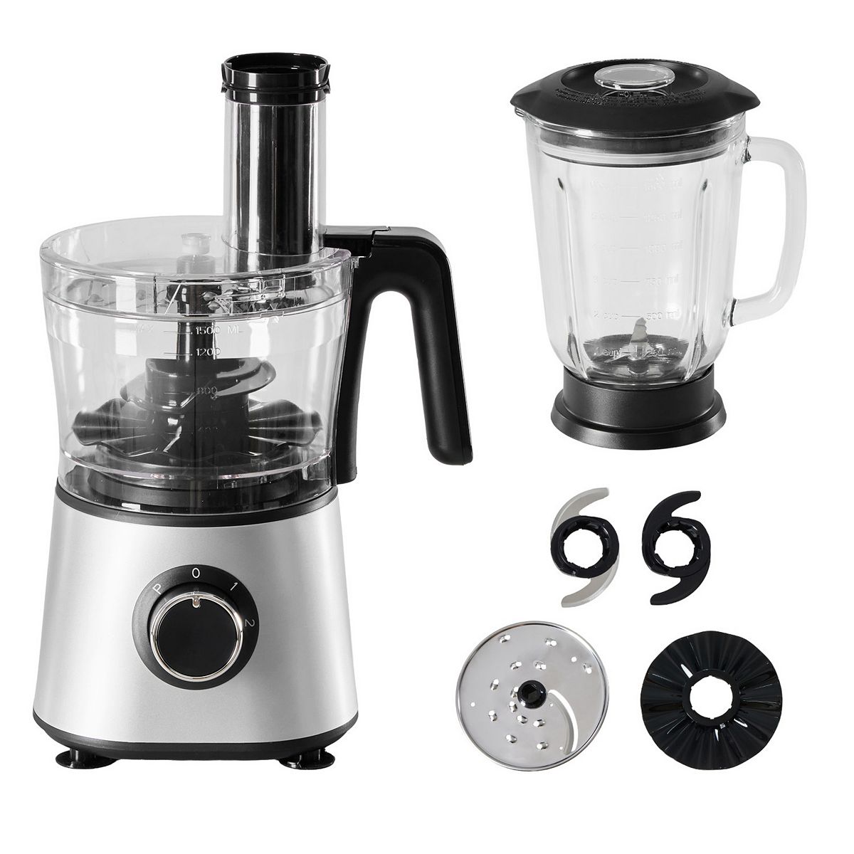 300W Food Processor with Blender & Dough Tool, 2 Speeds, Safety Lock, 1.5L Glass Jar