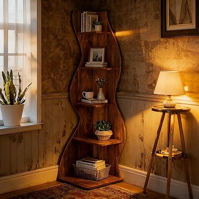 YIORTWO 5 Tier Corner Bookshelf Modern Curved Bookcase Space Saving Shelf for Living Room