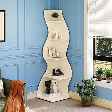 YIORTWO 5 Tier Corner Bookshelf Modern Curved Bookcase Space Saving Shelf for Living Room