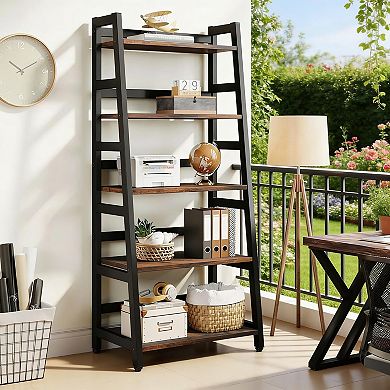 YIORTWO 5 Tier Ladder Bookshelf Industrial Bookcase Storage Shelf for Home Office