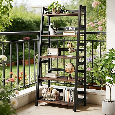 YIORTWO 5 Tier Ladder Bookshelf Industrial Bookcase Storage Shelf for Home Office