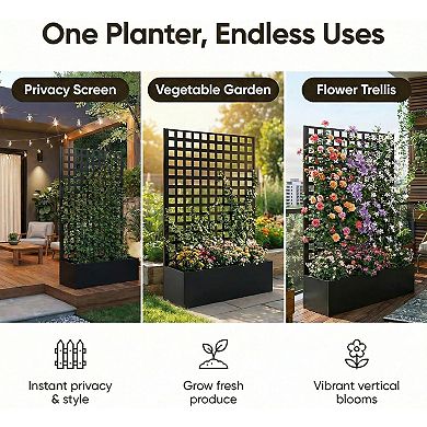 Mjkone Galvanized Steel Planter Box With Lattice Trellis Outdoor Drainage For Climbing Vines