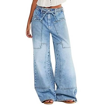 Women's High Waisted Wide Leg Jeans Casual Loose Baggy Denim Pants with Patch Pockets and Tie Waist