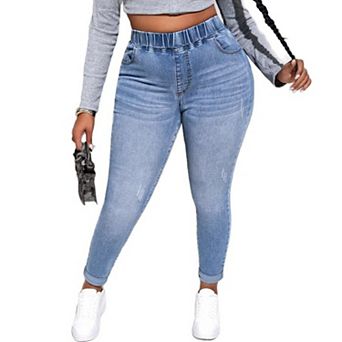 Women's High Waisted Elastic Waist Jeans, Pull-On Stretchy Straight Leg Cropped Denim Pants