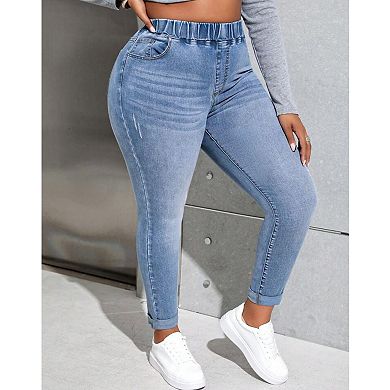 Women's High Waisted Elastic Waist Jeans, Pull-On Stretchy Straight Leg Cropped Denim Pants