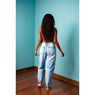 Women's High Waisted Jogger Jeans Casual Loose Baggy Denim Pants with Elastic Cuffs & Patch Pockets