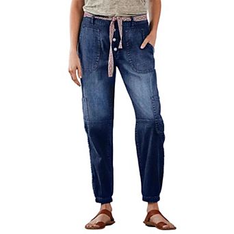 Women's High Waisted Jogger Jeans Casual Loose Cargo Denim Pants with Tie Waist & Elastic Cuffs