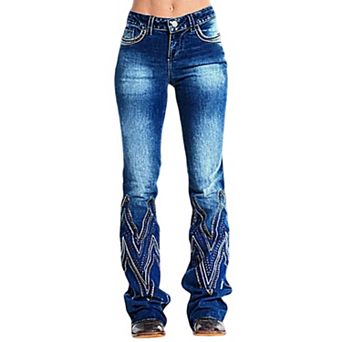 Women's High Waisted Rhinestone Embroidered Flare Jeans, Western Bootcut Denim Pants