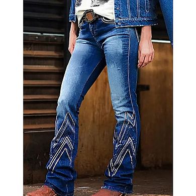 Women's High Waisted Rhinestone Embroidered Flare Jeans, Western Bootcut Denim Pants